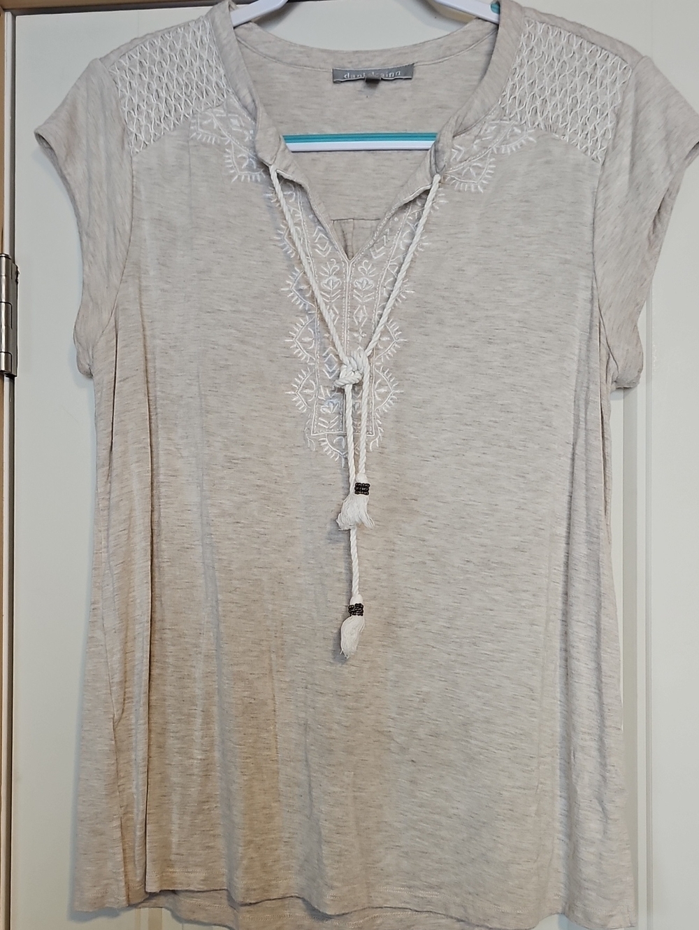 Daniel Rainn Light Beige Embroidered Tassel-Neck Cap-Sleeve Tunic